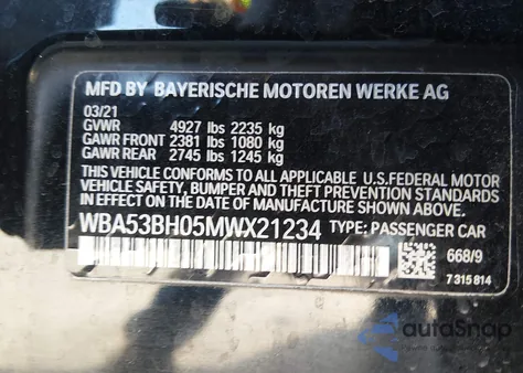 2021 BMW 530I z USA, uszkodzony, nr VIN WBA53BH05MWX21234